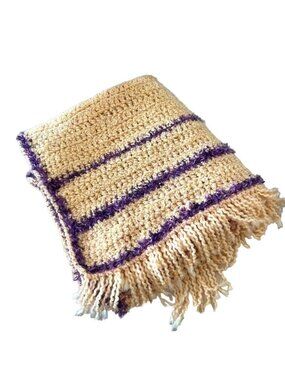 Open Weave Handmade Crochet Throw Blanket Fringe Yellow Purple Soft 30" x 70"